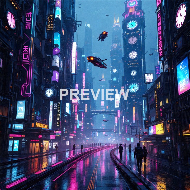 A futuristic cityscape at night with tall skyscrapers adorned with neon signs, flying cars, and wet streets reflecting colorful lights under a dark sky.